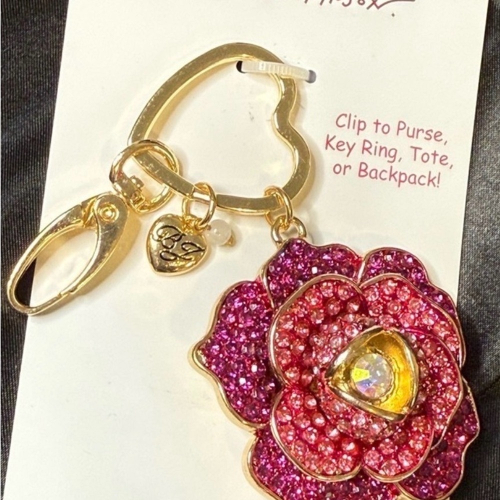 Betsey Johnson Pink Glitter Flower Keychain with Gold Hardware